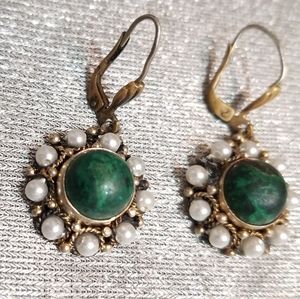 70's boho Silver w/ green Malachite drop earri